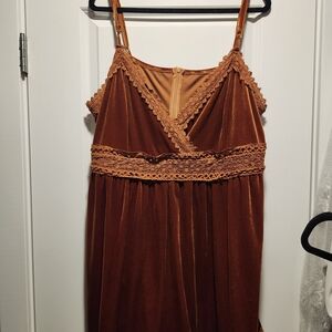 Rust Orange Velvet Dress with Lace Trim